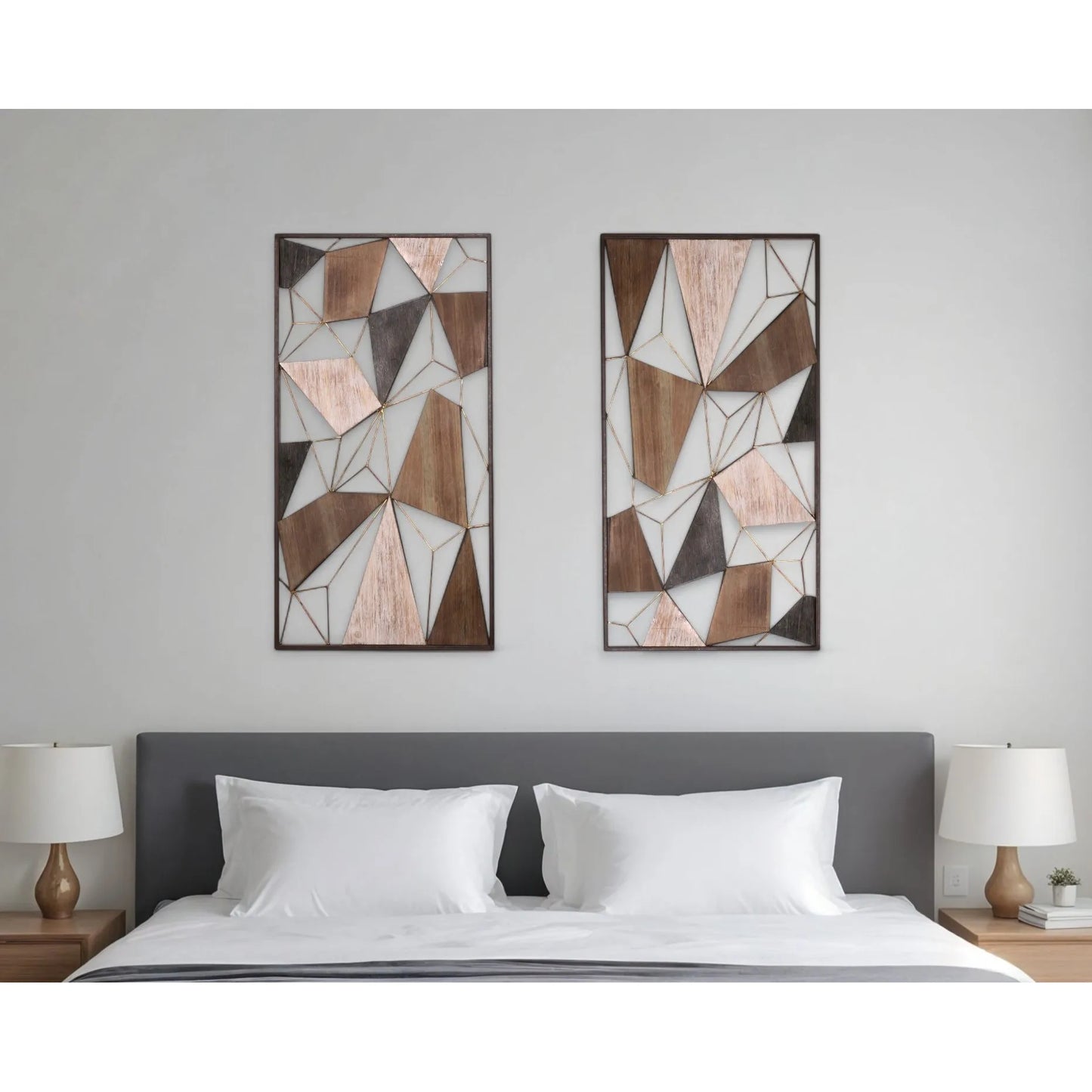 Set of Two Brown and Gold Geometric Wood and Metal Hanging Dimensional Sculptures Wall Accents