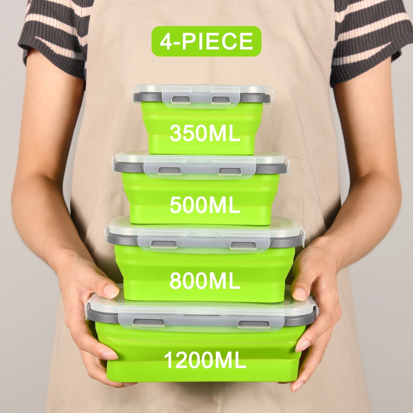 4 Pcs Green Silicone Collapsible Square Food Storage Container Bowls with Lids, Microwave Freezer and Dishwasher Safe