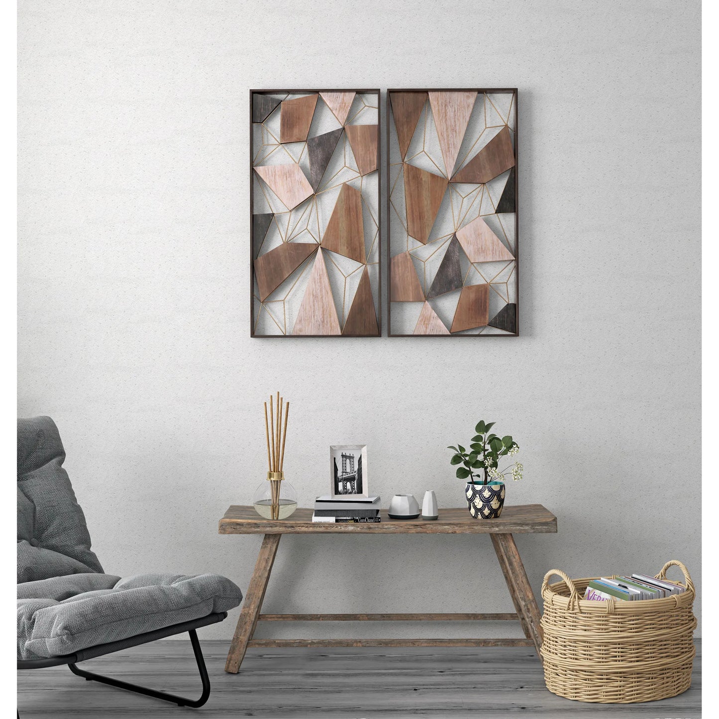 Set of Two Brown and Gold Geometric Wood and Metal Hanging Dimensional Sculptures Wall Accents
