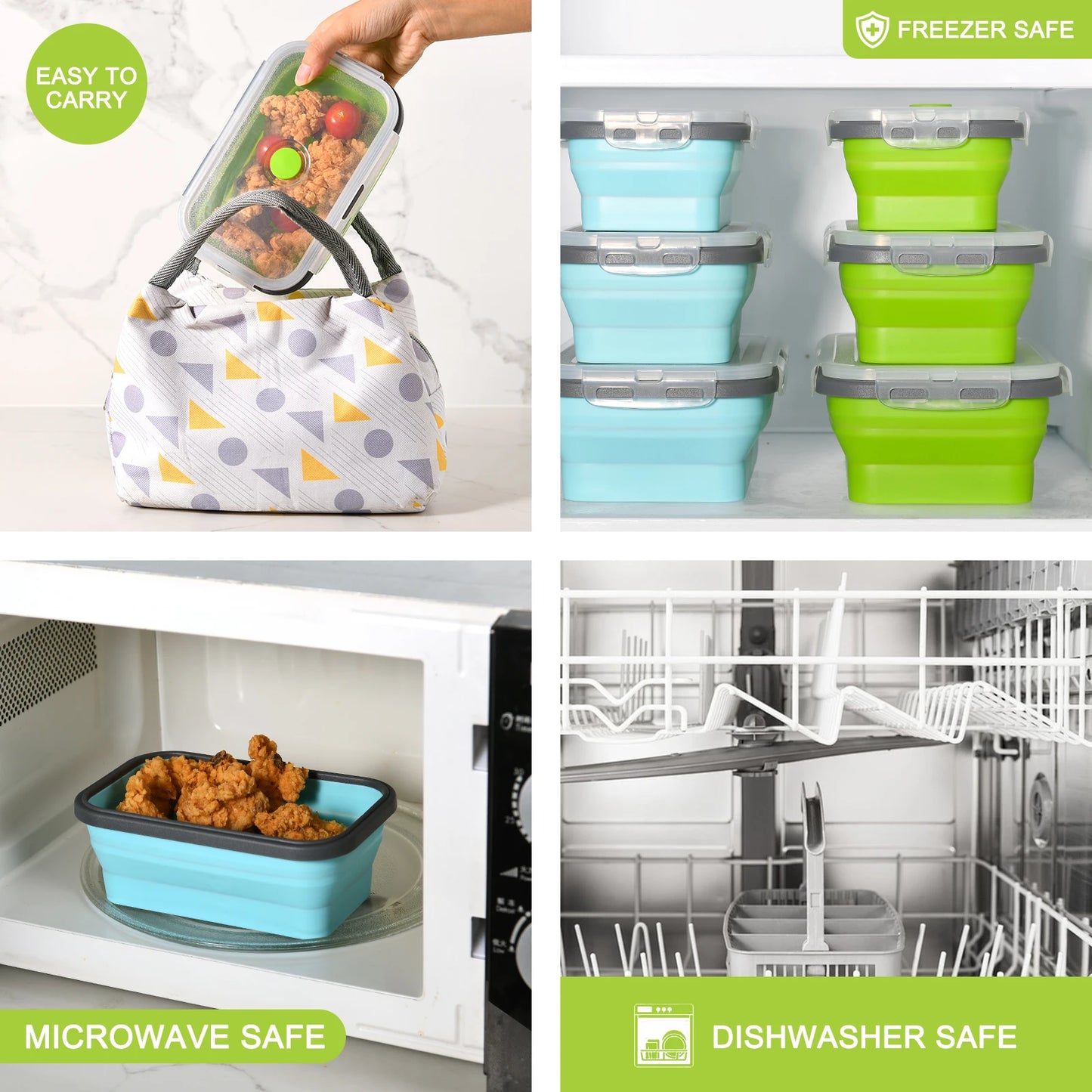 4 Pcs Green Silicone Collapsible Square Food Storage Container Bowls with Lids, Microwave Freezer and Dishwasher Safe