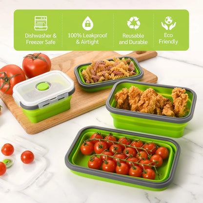 4 Pcs Green Silicone Collapsible Square Food Storage Container Bowls with Lids, Microwave Freezer and Dishwasher Safe