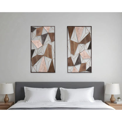 Set of Two Brown and Gold Geometric Wood and Metal Hanging Dimensional Sculptures Wall Accents