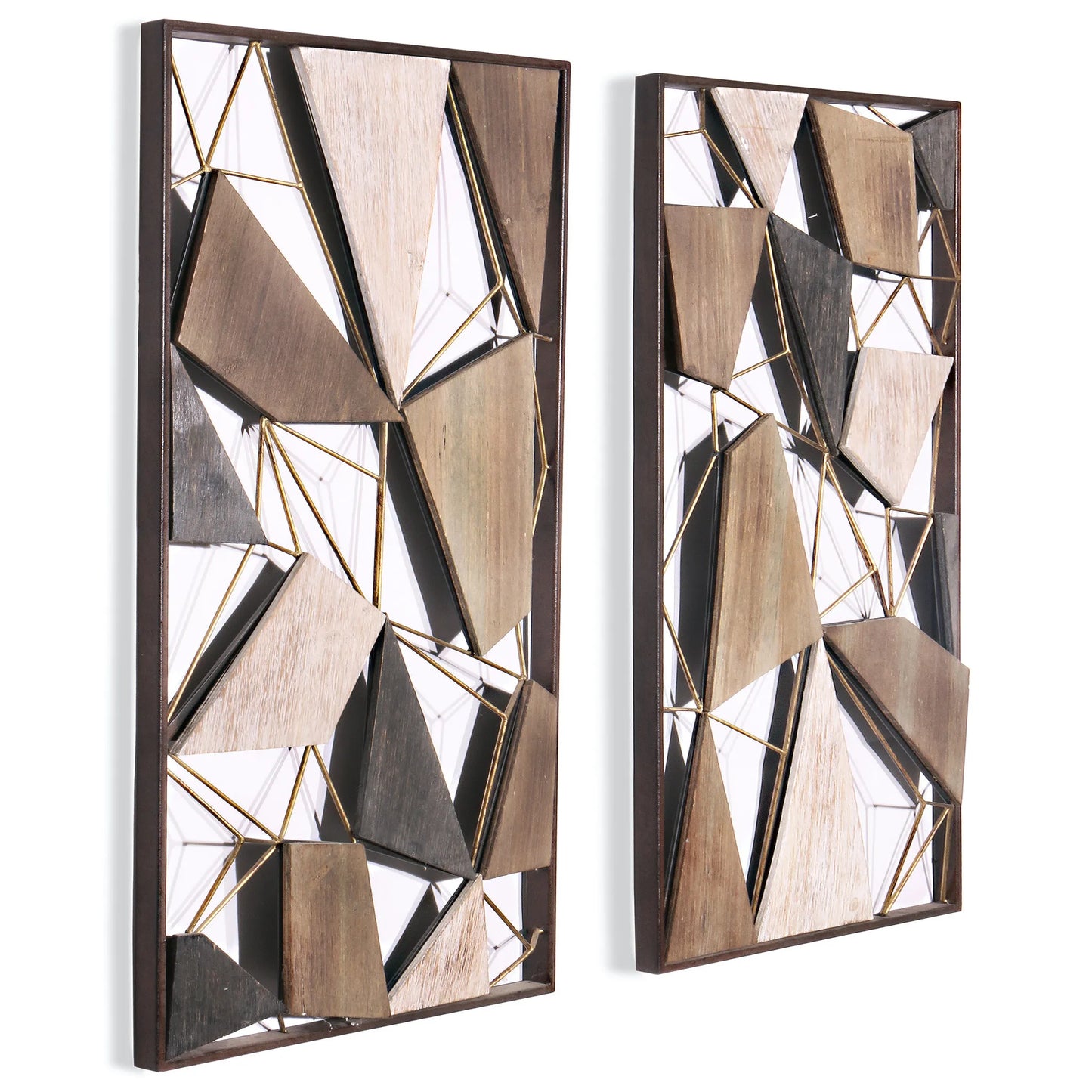 Set of Two Brown and Gold Geometric Wood and Metal Hanging Dimensional Sculptures Wall Accents