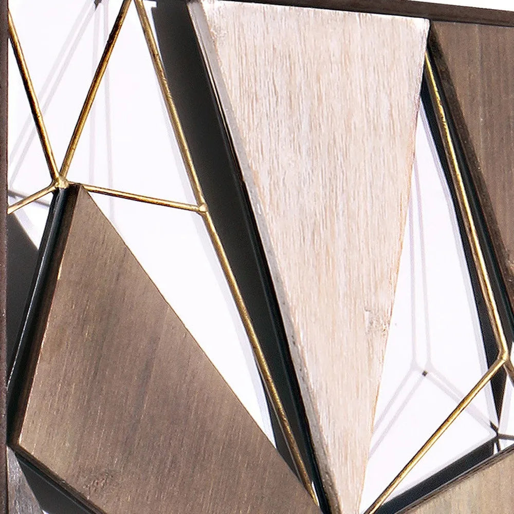 Set of Two Brown and Gold Geometric Wood and Metal Hanging Dimensional Sculptures Wall Accents