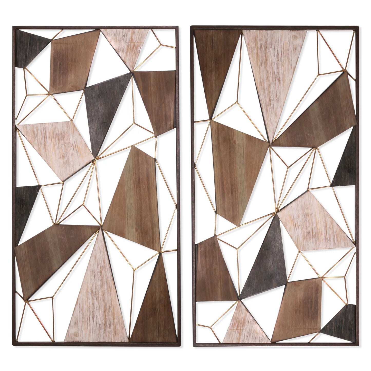 Set of Two Brown and Gold Geometric Wood and Metal Hanging Dimensional Sculptures Wall Accents