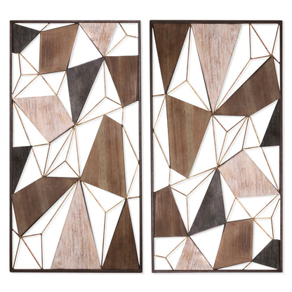 Set of Two Brown and Gold Geometric Wood and Metal Hanging Dimensional Sculptures Wall Accents