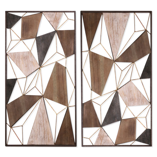 Set of Two Brown and Gold Geometric Wood and Metal Hanging Dimensional Sculptures Wall Accents