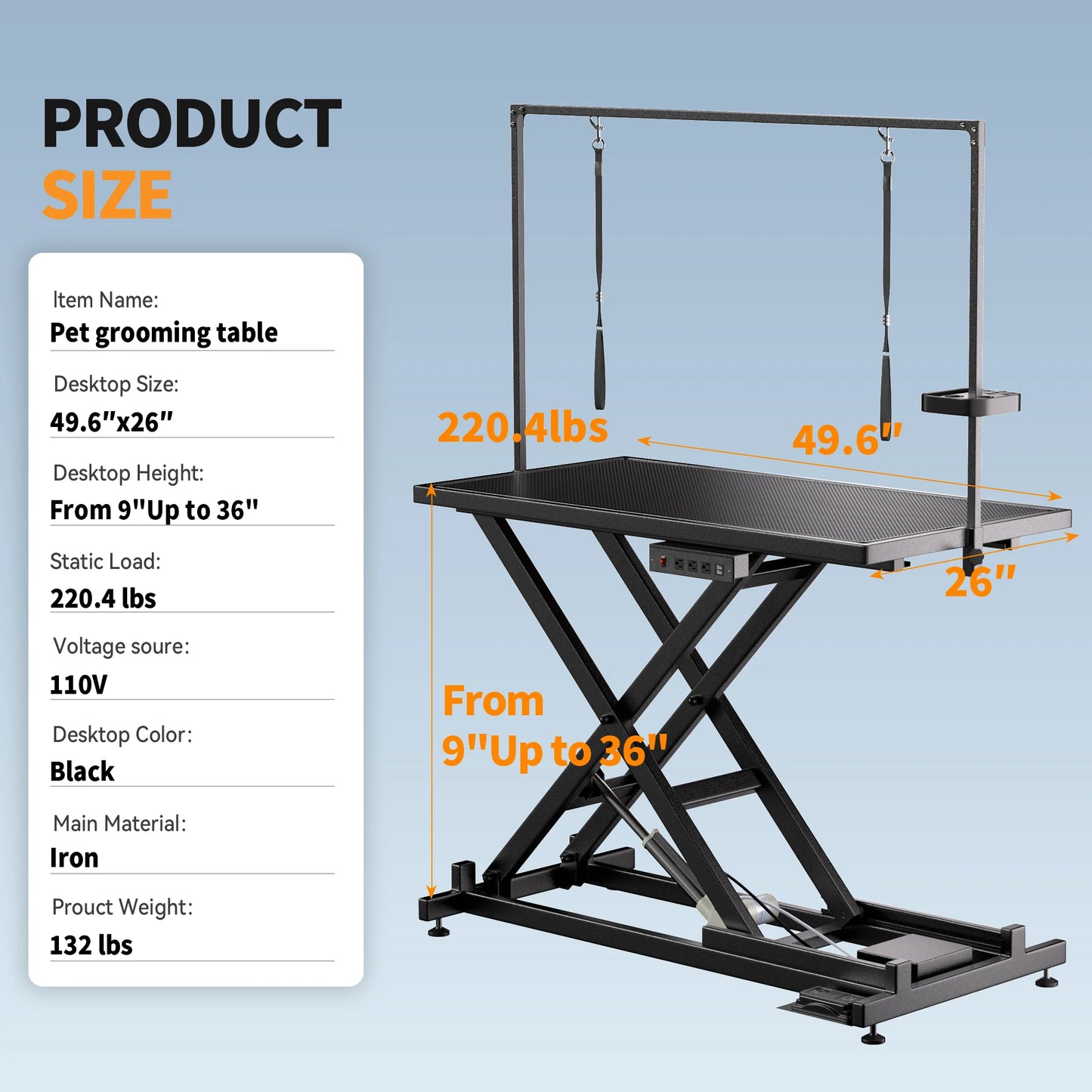 50" Black Professional Electric Dog Grooming Table Adjustable Pet Grooming Table Dog Grooming Station