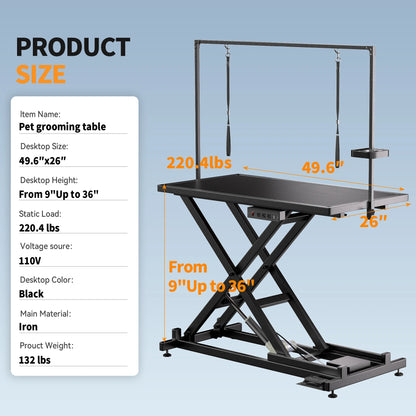 50" Black Professional Electric Dog Grooming Table Adjustable Pet Grooming Table Dog Grooming Station
