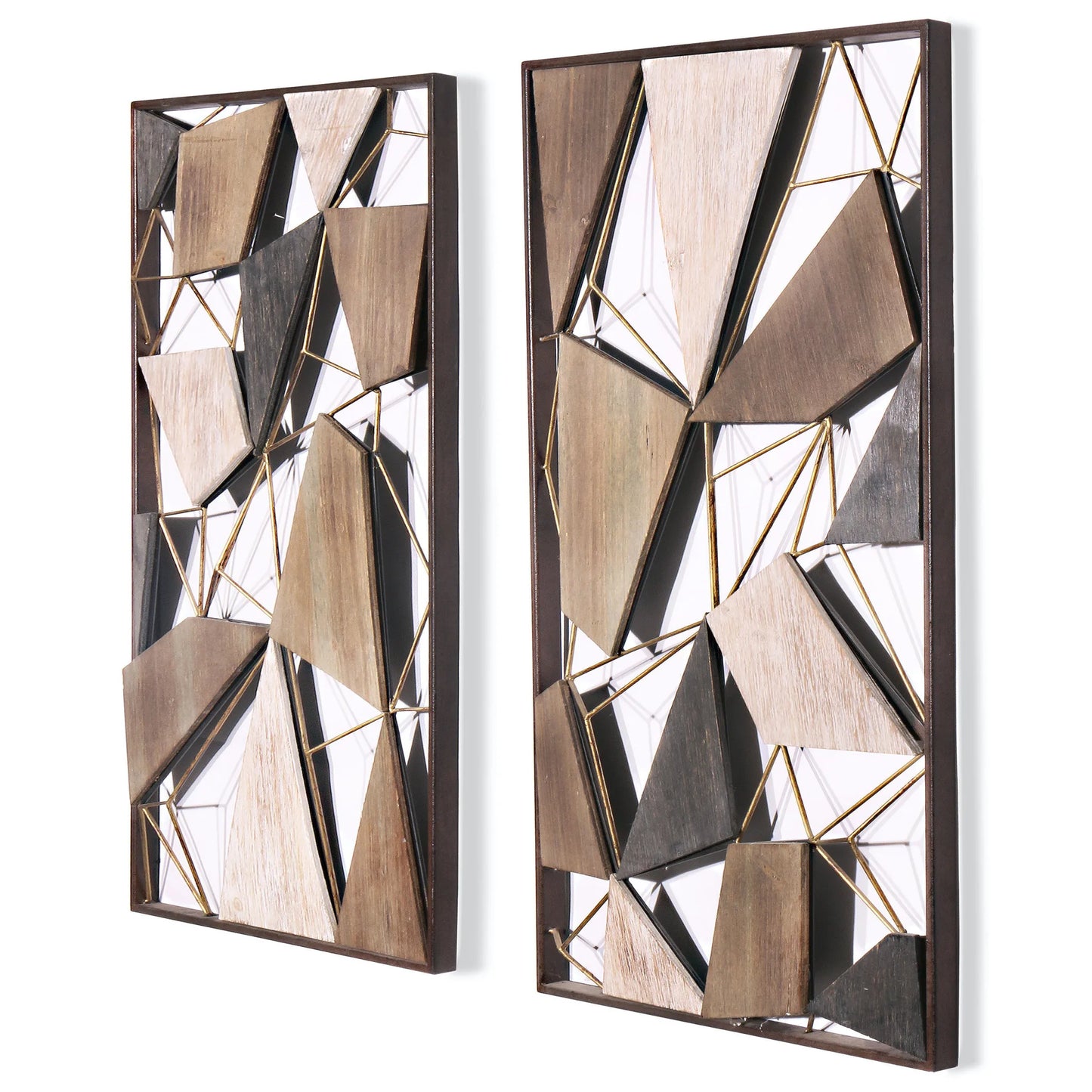 Set of Two Brown and Gold Geometric Wood and Metal Hanging Dimensional Sculptures Wall Accents