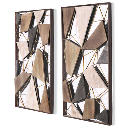 Set of Two Brown and Gold Geometric Wood and Metal Hanging Dimensional Sculptures Wall Accents