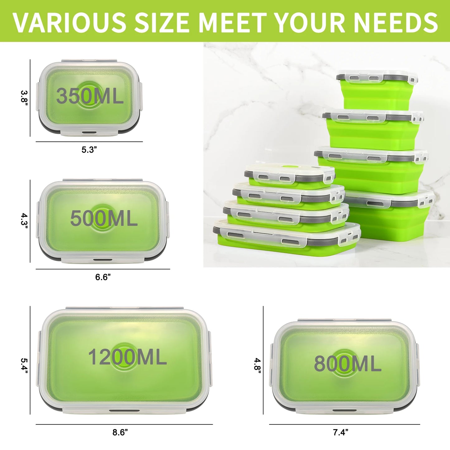 4 Pcs Green Silicone Collapsible Square Food Storage Container Bowls with Lids, Microwave Freezer and Dishwasher Safe