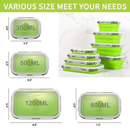 4 Pcs Green Silicone Collapsible Square Food Storage Container Bowls with Lids, Microwave Freezer and Dishwasher Safe