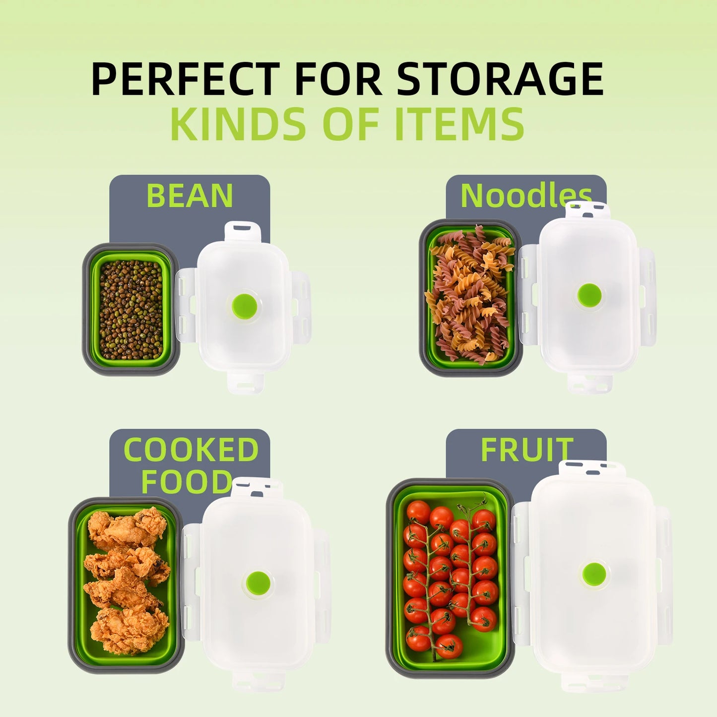 4 Pcs Green Silicone Collapsible Square Food Storage Container Bowls with Lids, Microwave Freezer and Dishwasher Safe