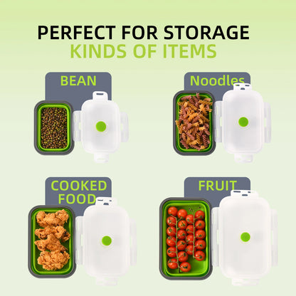 4 Pcs Green Silicone Collapsible Square Food Storage Container Bowls with Lids, Microwave Freezer and Dishwasher Safe