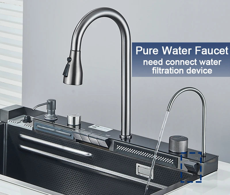 304 Stainless Steel Kitchen Sink with Digital Display Waterfall Faucet, Multifunctional 75*45cm Large Single Slot Whale Sink