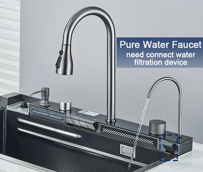 304 Stainless Steel Kitchen Sink with Digital Display Waterfall Faucet, Multifunctional 75*45cm Large Single Slot Whale Sink
