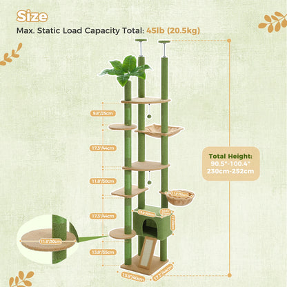 Height Adjustable Wooden Cat Tree with Large Hammock Sisal Scratching Posts Floor to Ceiling Cat Tower Cozy Cat Condo for Indoor