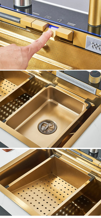 304 Stainless Steel Kitchen Sink with Digital Display Waterfall Faucet, Multifunctional 75*45cm Large Single Slot Whale Sink