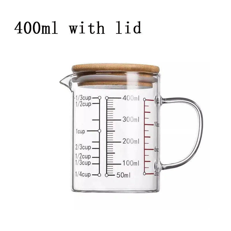 Heat-resistant Glass Measuring Cup With Wood Lid V-shaped Spout Laboratory Beaker Kitchen Baking Milk Coffee Measuring Mug