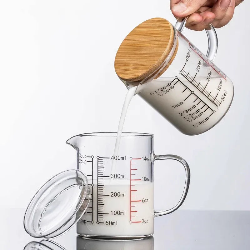 Heat-resistant Glass Measuring Cup With Wood Lid V-shaped Spout Laboratory Beaker Kitchen Baking Milk Coffee Measuring Mug