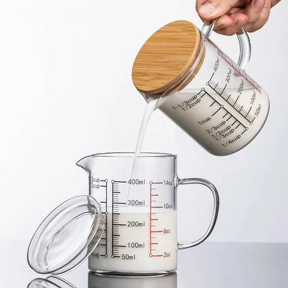 Heat-resistant Glass Measuring Cup With Wood Lid V-shaped Spout Laboratory Beaker Kitchen Baking Milk Coffee Measuring Mug