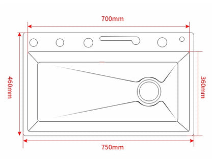 304 Stainless Steel Kitchen Sink with Digital Display Waterfall Faucet, Multifunctional 75*45cm Large Single Slot Whale Sink