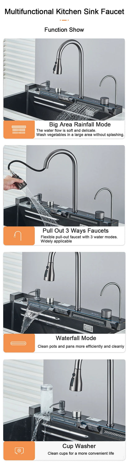 304 Stainless Steel Kitchen Sink with Digital Display Waterfall Faucet, Multifunctional 75*45cm Large Single Slot Whale Sink