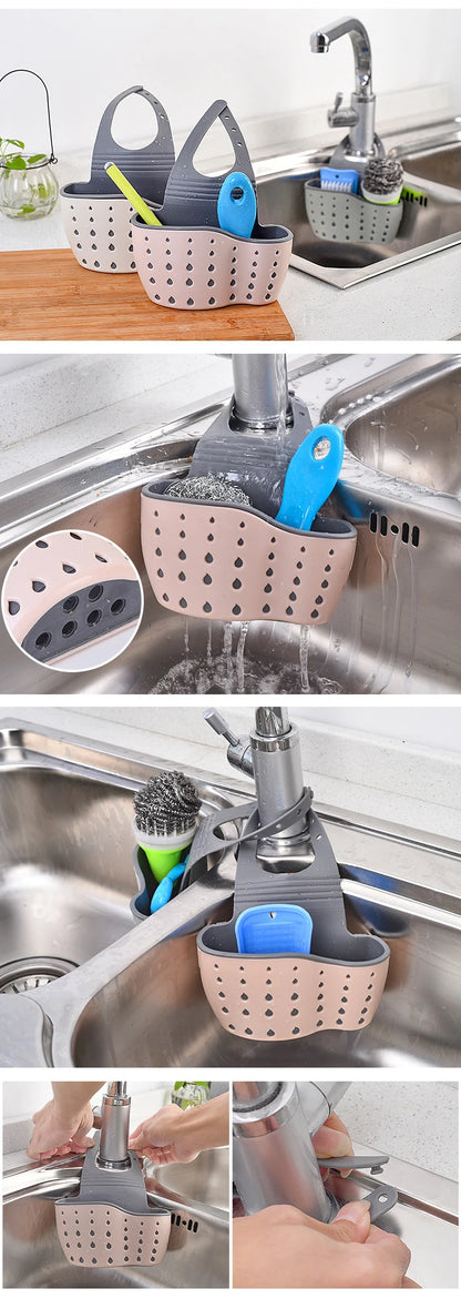 Home Storage Drain Basket Kitchen Sink Holder Adjustable Soap Sponge Shlf Hanging Drain Basket Bag Kitchen Accessories 2030