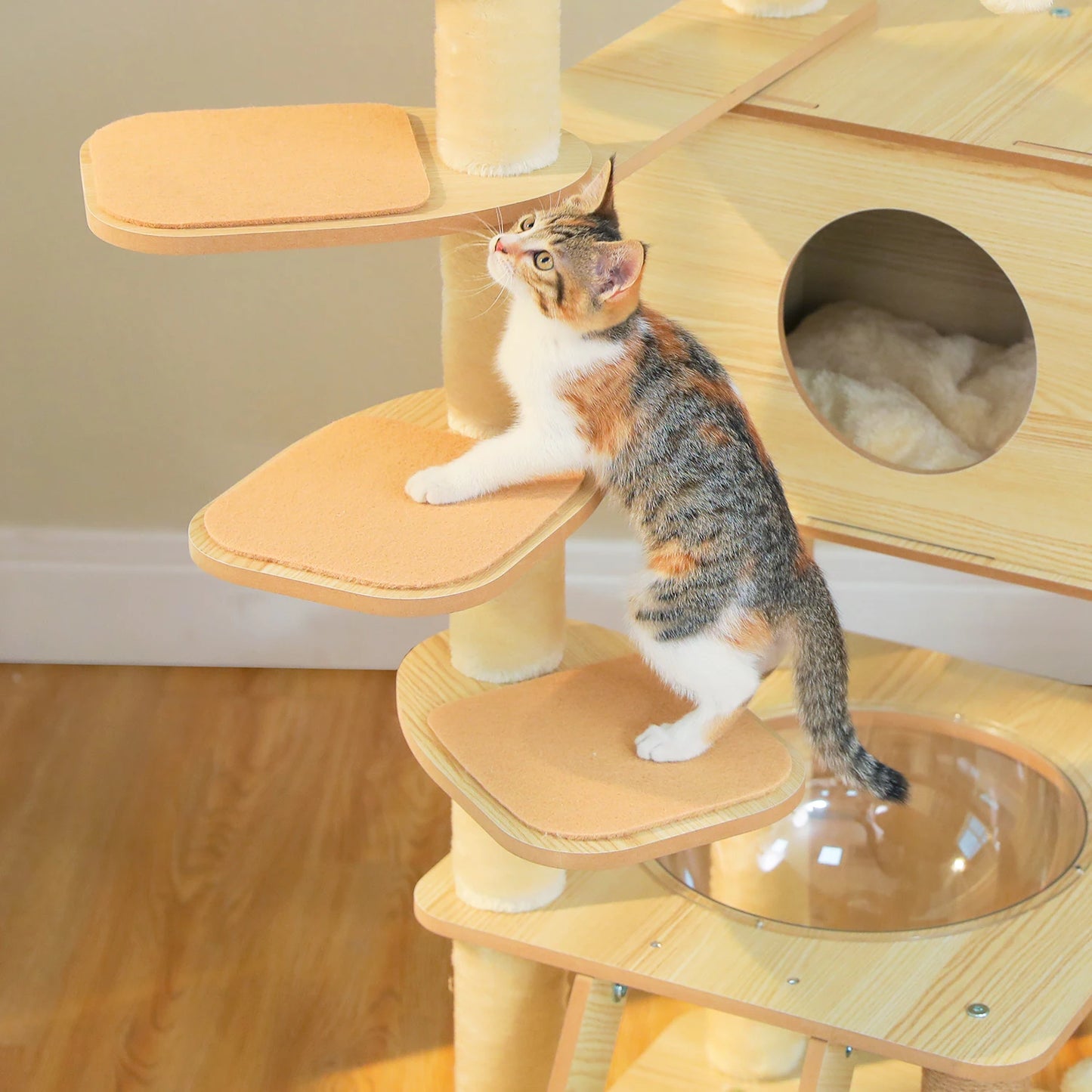 Multi-Level Cat Tree for Indoor Wood Cat Tower with Scratching Posts Spacious Condo Hammock Top Perch Cat Scratcher Cat Toys