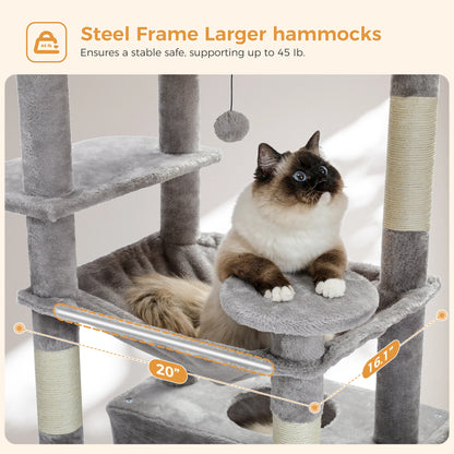 Multi-Level Cat Tree Tower with Scratching Posts&Board, Hammock, Cat Condo, Spacious Top Perch,Dangling Balls for Indoor Cats