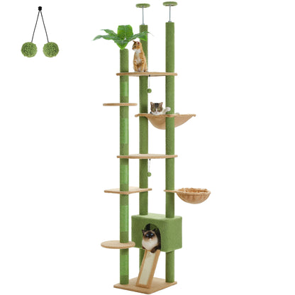 Height Adjustable Wooden Cat Tree with Large Hammock Sisal Scratching Posts Floor to Ceiling Cat Tower Cozy Cat Condo for Indoor
