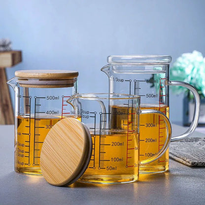 Heat-resistant Glass Measuring Cup With Wood Lid V-shaped Spout Laboratory Beaker Kitchen Baking Milk Coffee Measuring Mug