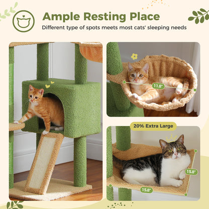 Height Adjustable Wooden Cat Tree with Large Hammock Sisal Scratching Posts Floor to Ceiling Cat Tower Cozy Cat Condo for Indoor