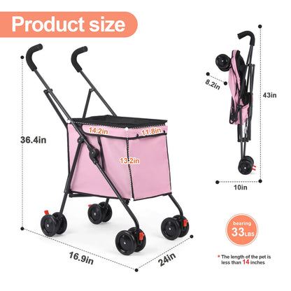 Wedyvko Shopping Trolley 33lbs 4 Wheels Dog Stroller Rotate Pink Pet Puppy StrollerTravel Hand Cart Folding einkaufswagen