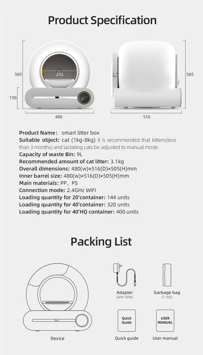 Tonepie Automatic Smart Cat Litter Box Self Cleaning 65L App Control Pet Cats Toilet Litter Tray Ionic Deodorizer Arenero Gato