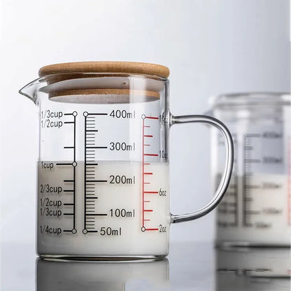 Heat-resistant Glass Measuring Cup With Wood Lid V-shaped Spout Laboratory Beaker Kitchen Baking Milk Coffee Measuring Mug