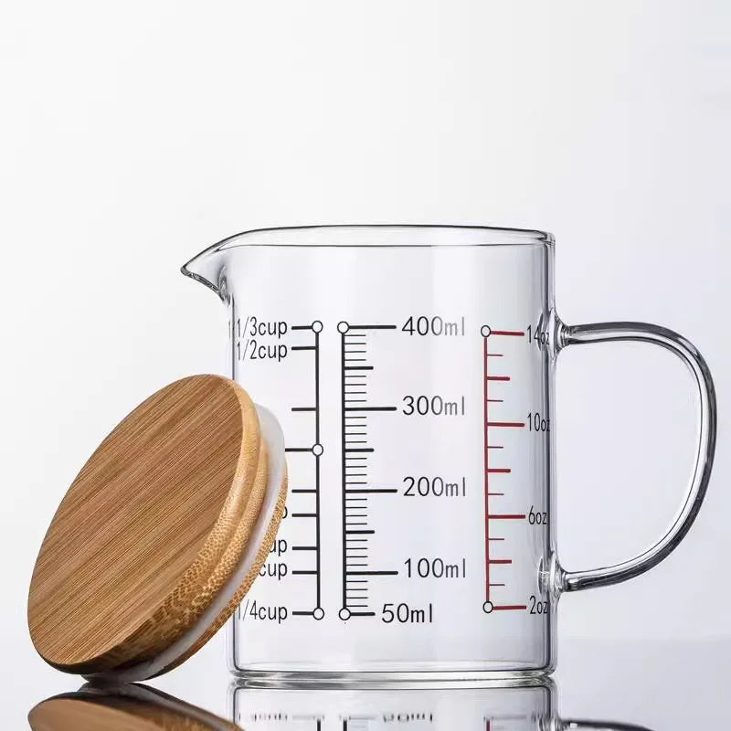 Heat-resistant Glass Measuring Cup With Wood Lid V-shaped Spout Laboratory Beaker Kitchen Baking Milk Coffee Measuring Mug