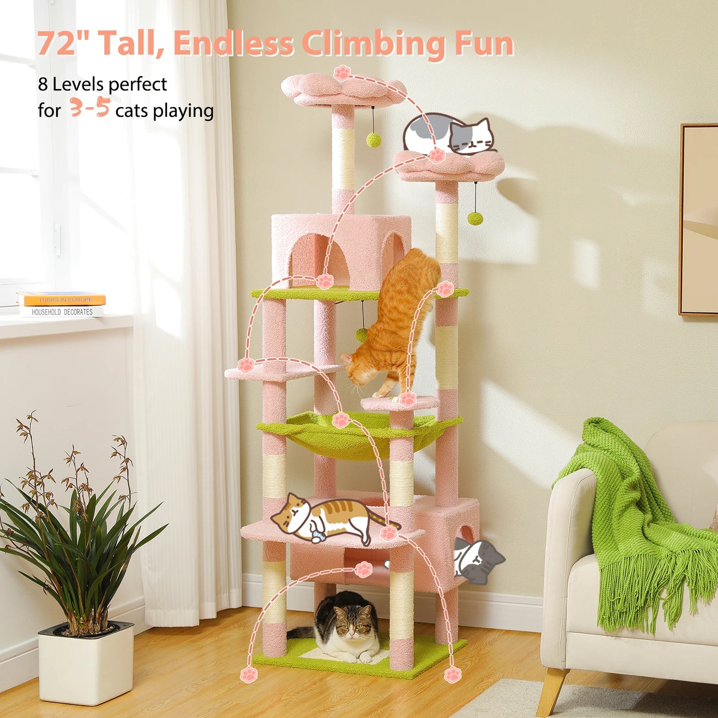 Multi-Level Cat Tree Tower with Scratching Posts&Board, Hammock, Cat Condo, Spacious Top Perch,Dangling Balls for Indoor Cats