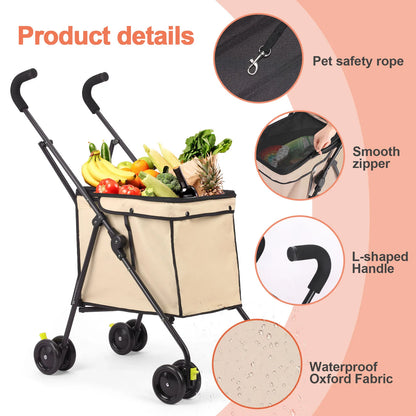 Wedyvko Shopping Trolley 33lbs 4 Wheels Dog Stroller Rotate Pink Pet Puppy StrollerTravel Hand Cart Folding einkaufswagen