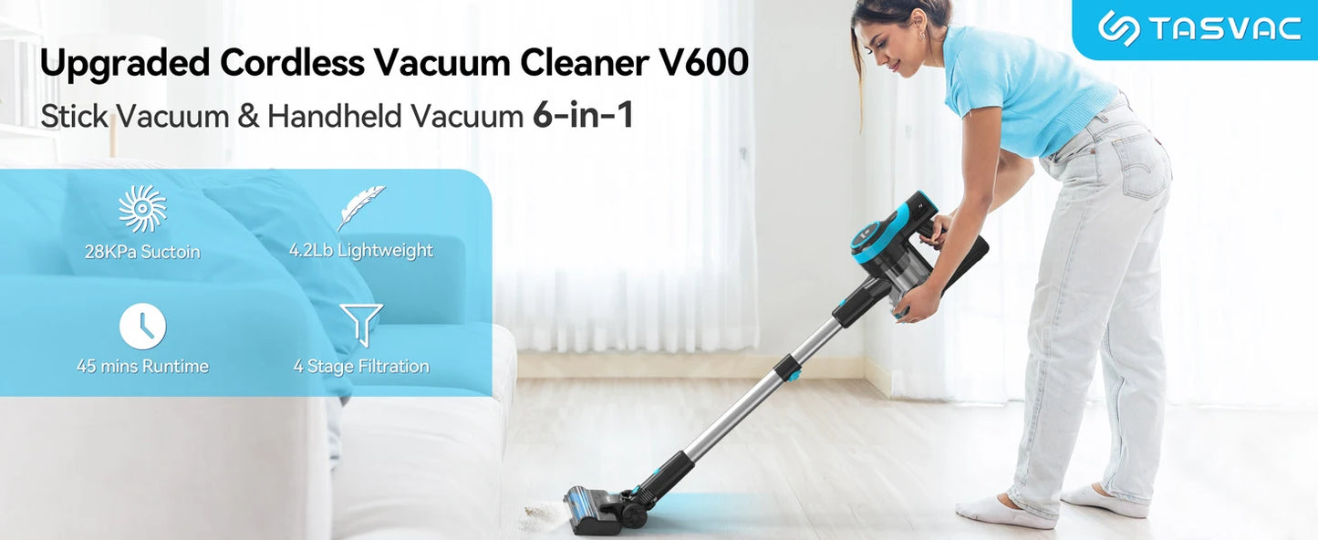 TASVAC 28KPa Cordless Vacuum Cleaner Powerful Suction 6-in-1 Lightweight Handheld Stick Vacuum 40min Runtime for Carpet Pet Hair