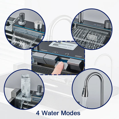 304 Stainless Steel Kitchen Sink with Digital Display Waterfall Faucet, Multifunctional 75*45cm Large Single Slot Whale Sink