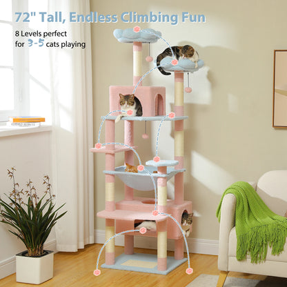Multi-Level Cat Tree Tower with Scratching Posts&Board, Hammock, Cat Condo, Spacious Top Perch,Dangling Balls for Indoor Cats