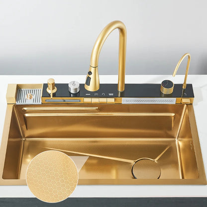 304 Stainless Steel Kitchen Sink with Digital Display Waterfall Faucet, Multifunctional 75*45cm Large Single Slot Whale Sink