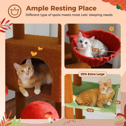 Height Adjustable Wooden Cat Tree with Large Hammock Sisal Scratching Posts Floor to Ceiling Cat Tower Cozy Cat Condo for Indoor